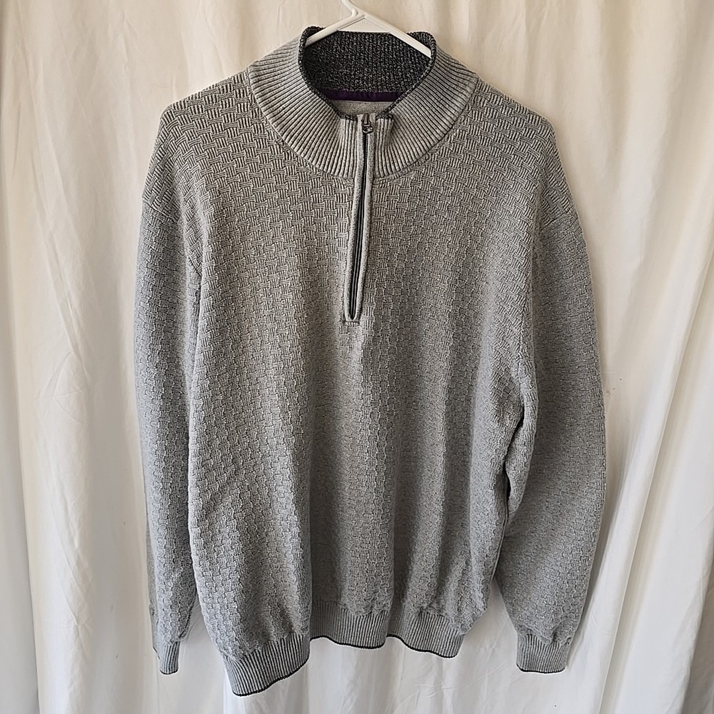 Robert Graham Sweater Men 3XL Gray 1/4 Zip Mock Neck Cotton Knit Pullover Waffle